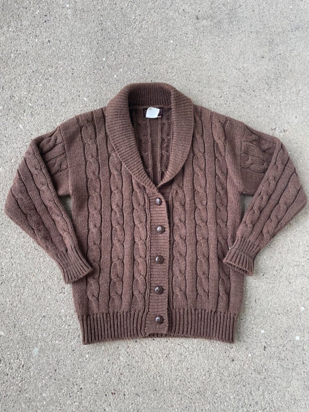 Vintage 70s Brown Cardigan Shawl Collar Sweater L Cable Knit Professor Academia